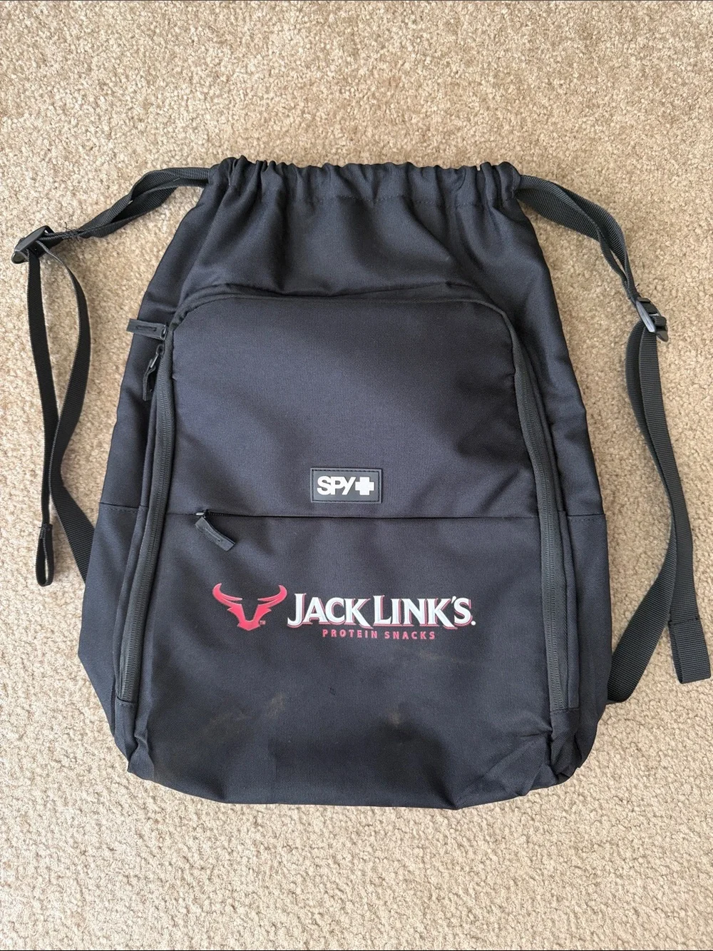 SPY Black Drawstring Backpack with Jack Link's Logo